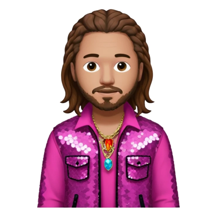Post Malone with long brown hair, dark pink sequin outfit sticker