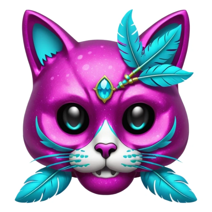 Glittery magenta cat-skull with cyan feathers sticker