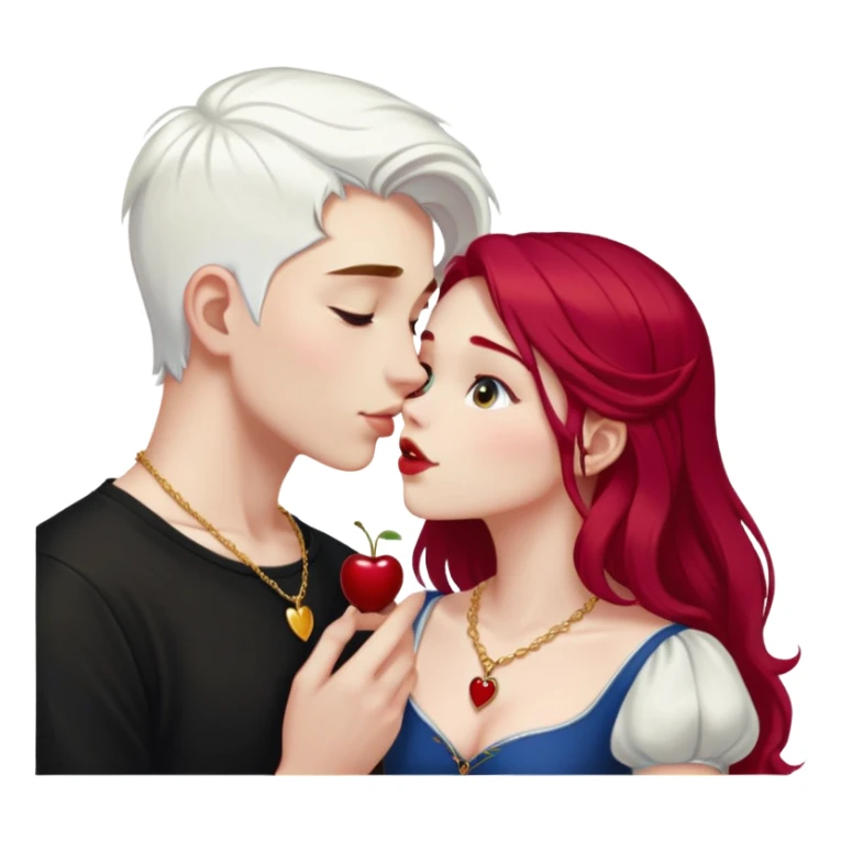 20 year old couple, boy with SHORT SNOW WHITE HAIR (completely WHITE), dark shirt, girl with long cherry red hair, light clothes, gold necklace, kissing sticker