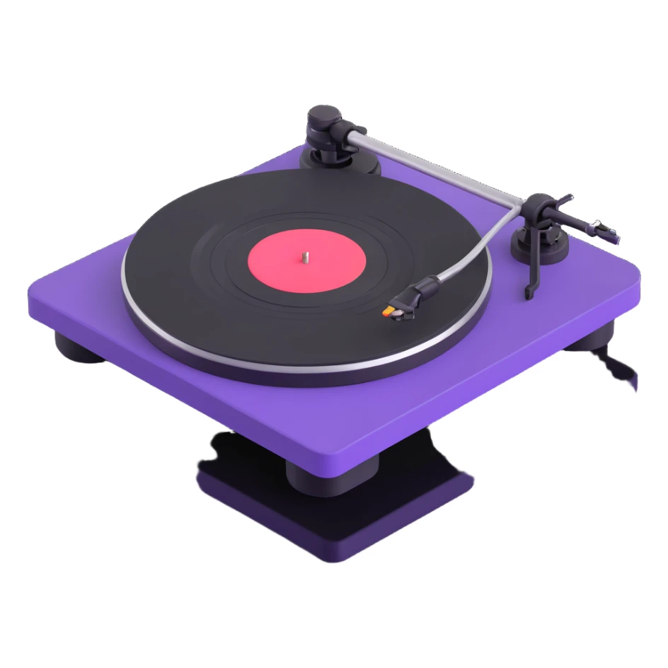 Technics-style turntable in 3D, Disney Pixar animation style, playful rounded features, vibrant colors, black and purple as main colors sticker