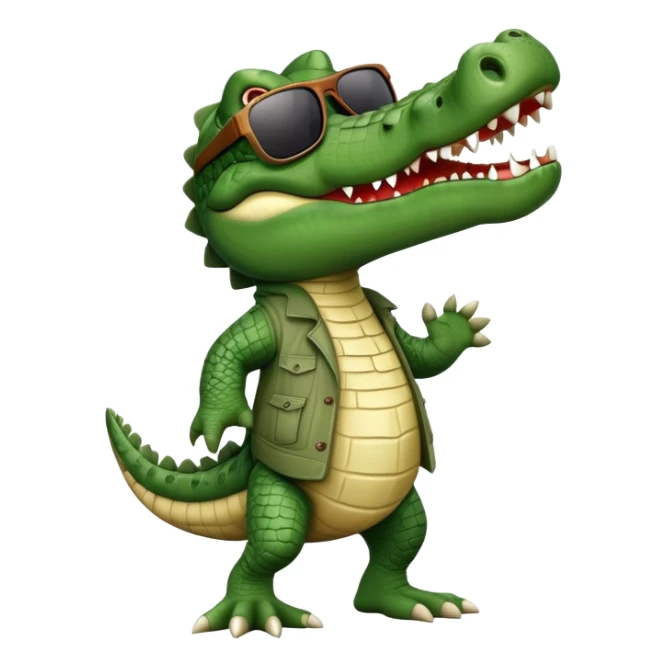 friendly anthropomorphised crocodile in casual clothing, wearing dark sunglasses, walking upright, standard pose sticker