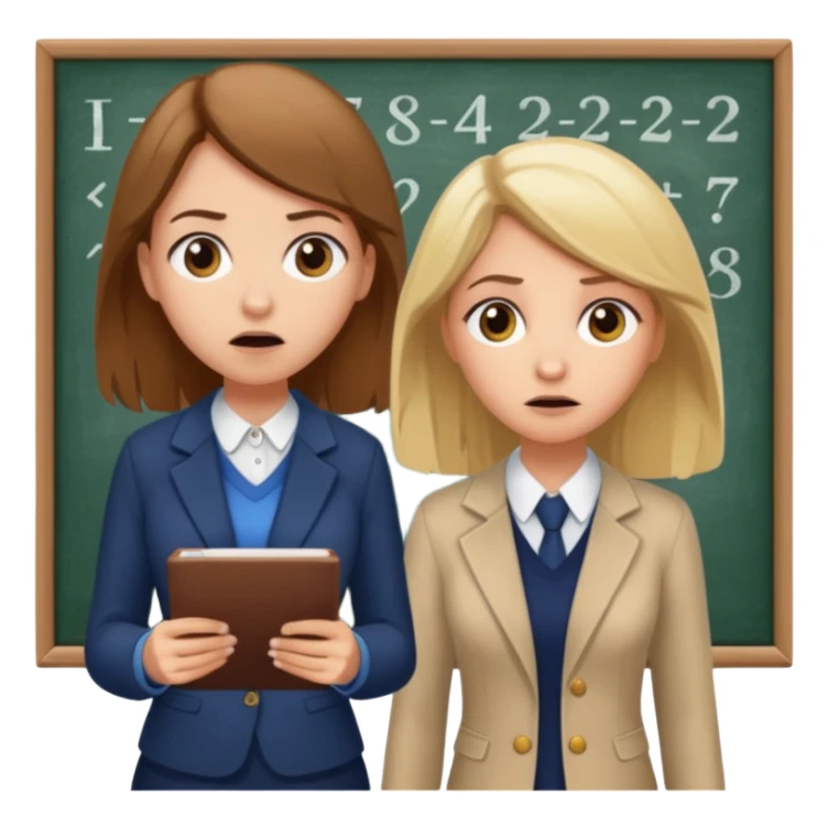 super scared white girl with brown hair doing math while a scary old blond teacher stands over her sticker