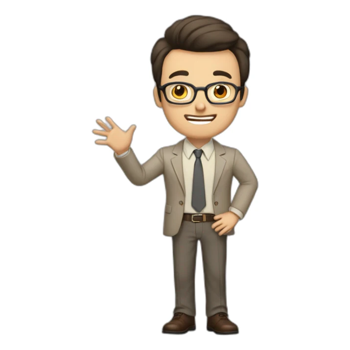 To belt Actively gesturing with hands Pale skinned fit man with dark brown hair in gray jacket, beige office shirt, brown tie, brown pants and vintage glasses. sticker