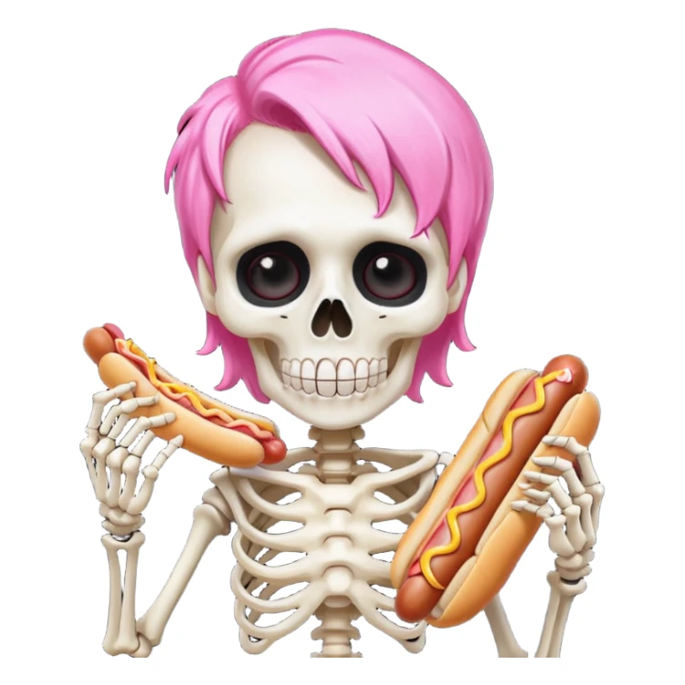 skeleton with pink hair eating a hot dog sticker