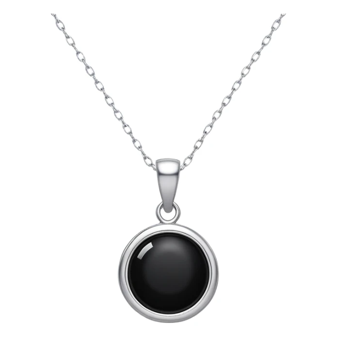 black onyx pendant with a faint white glow emerging from its center, symbolizing hidden power, on a delicate silver chain that flows like liquid sticker