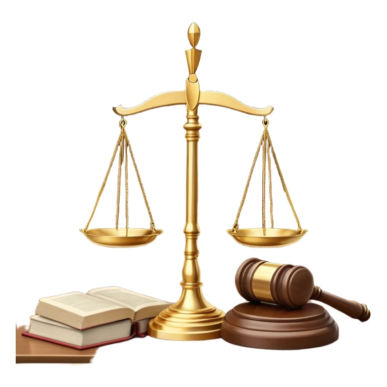 A balanced golden scale symbolizing justice, standing on a polished wooden judge's desk. Beside it, a wooden gavel rests near an open law book filled with legal texts. The background features a grand courthouse with tall pillars, exuding a sense of authority and fairness sticker