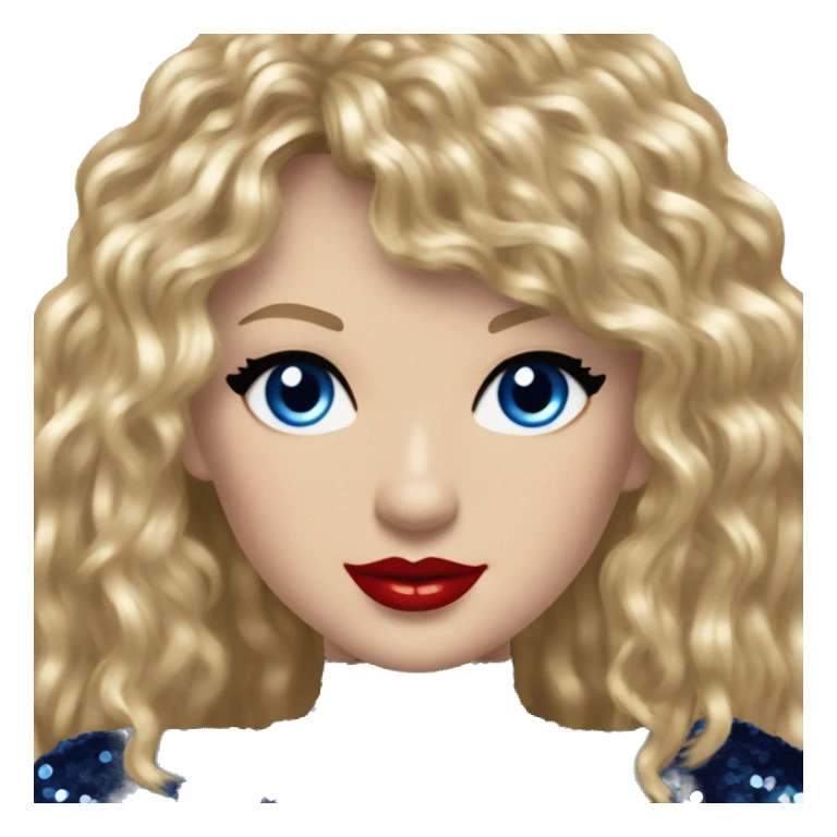 Realistic Taylor swift wearing navy blue glittery sequin bodysuit with tassels and gems and long hair with red lipstick and blue eyes  sticker
