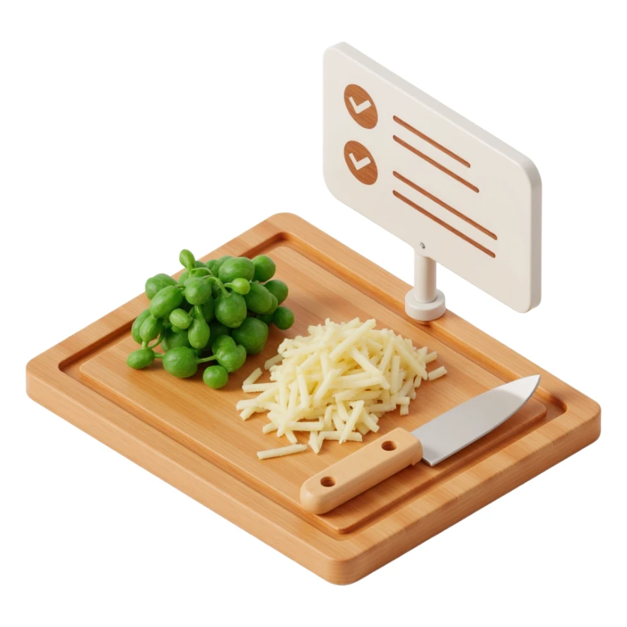 Ingredients on teh wooden cutting board with floating list with check box sticker