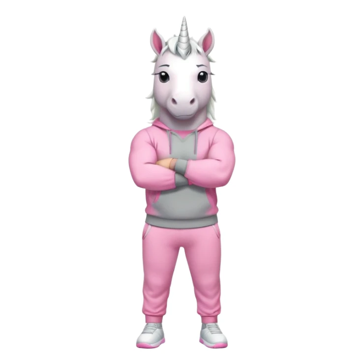 friendly anthropomorphised male white unicorn with a fit, chunky, muscular and strong physique, arms and legs matching the white of the head, wearing grey tracksuit pants and pink jumper, sunglasses, standing with arms folded sticker