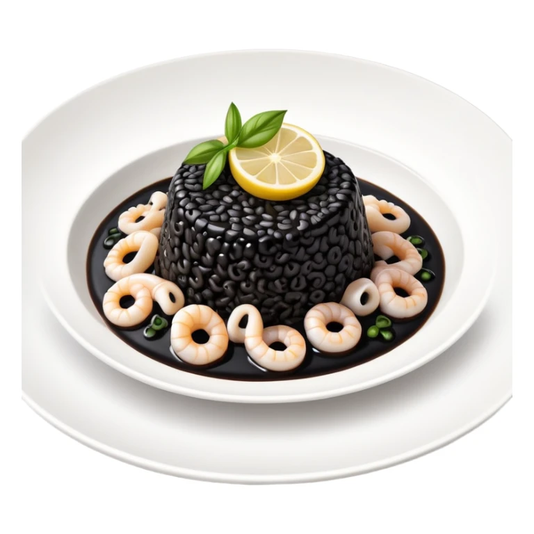 cinematic-realistic-black-risotto-dish-emoji,-showcasing-small squid pieces in black sauce -rendered-with-bold-textures-and-dynamic,-dramatic-lighting in a white plate with a grilled lemon on top sticker