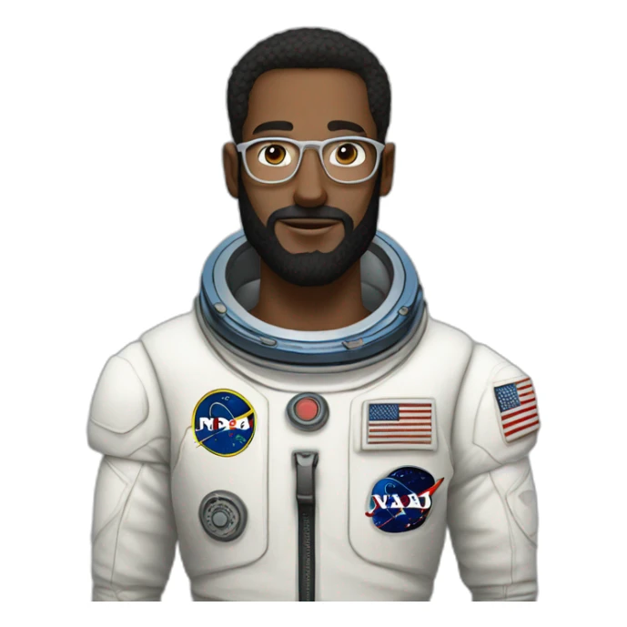 caucasian black-bearded astronaut with man-bun and white-glasses sticker