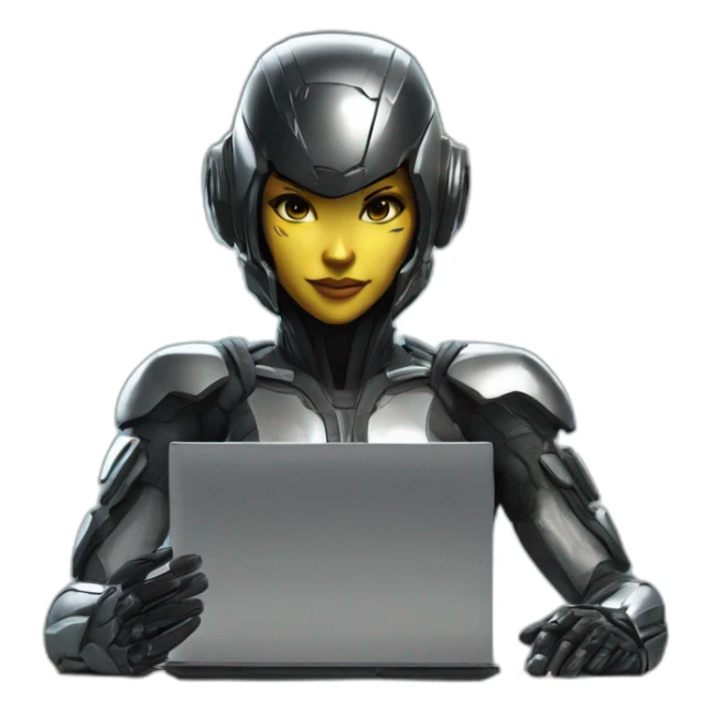 Girl developer behind his laptop with this style : Crytek Crysis Video game with nanosuit character hacker themed character sticker