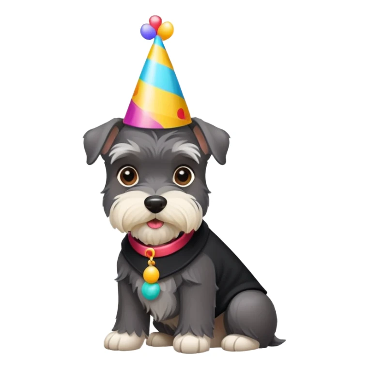 A schnauzer dog wearing a colorful birthday hat sticker