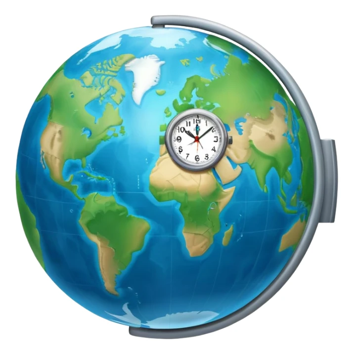 Earth globe with analog clock in corner, timezone symbol, iOS emoji style sticker