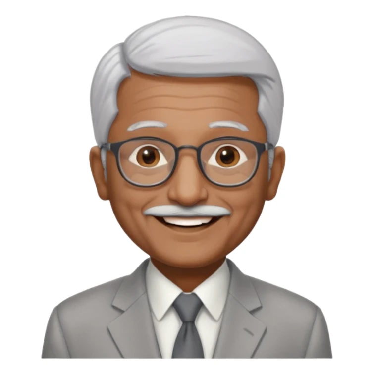 70 yr old indian man, short straight white hair brushed foreward , light grey business suit, big smile, dark brown skin, no moustache, dark brown eyes, glasses
 sticker