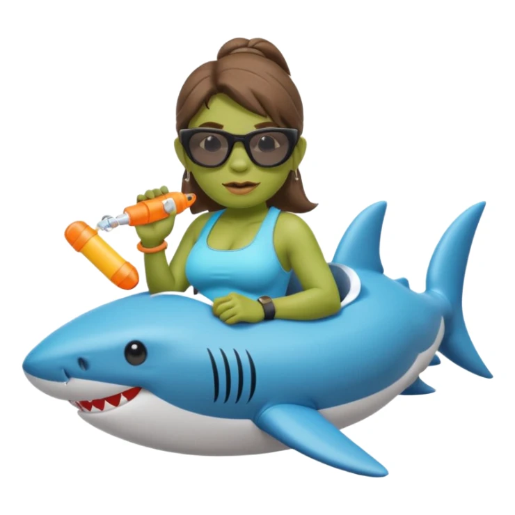 orc female sitting in an inflatable floatie shaped like a shark, wearing oversized sunglasses and a whistle on a neck cord, 2d sticker