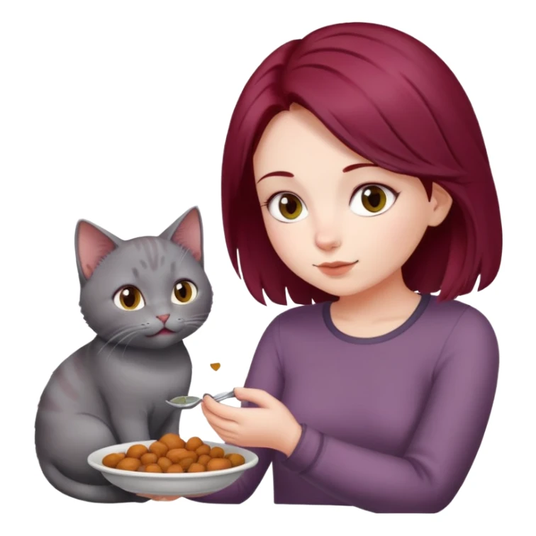 Beautiful long burgundy haired girl feeding gray cat sticker