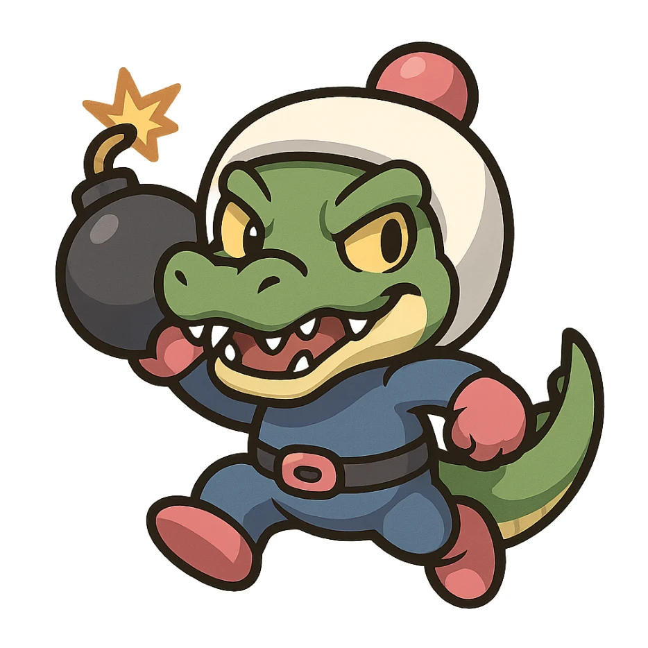 A crocodile character inspired by Bomberman, featuring a white helmet, blue suit, and a mischievous expression, ready to throw a bomb sticker