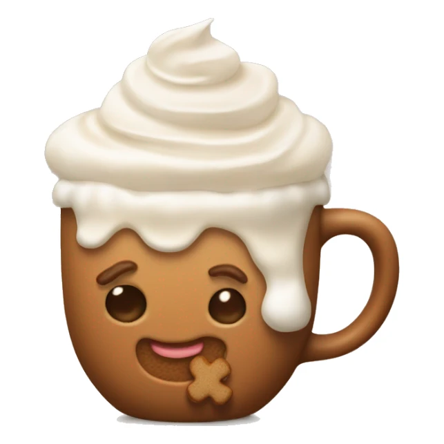 Hot gingerbread latte in a beige mug with whipped cream sticker