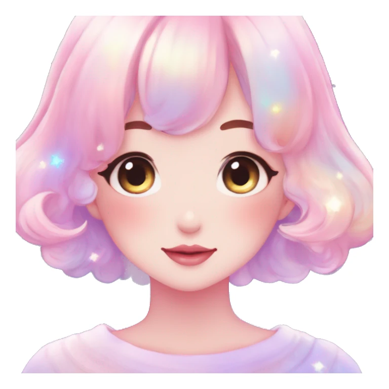 Gorgeous pastel anime style lady blushing nebula gradient sparkle face dreamy idol model colorful shiny stars galaxy kawaii cottagecore pearly petite simplistic aesthetic trending style sticker