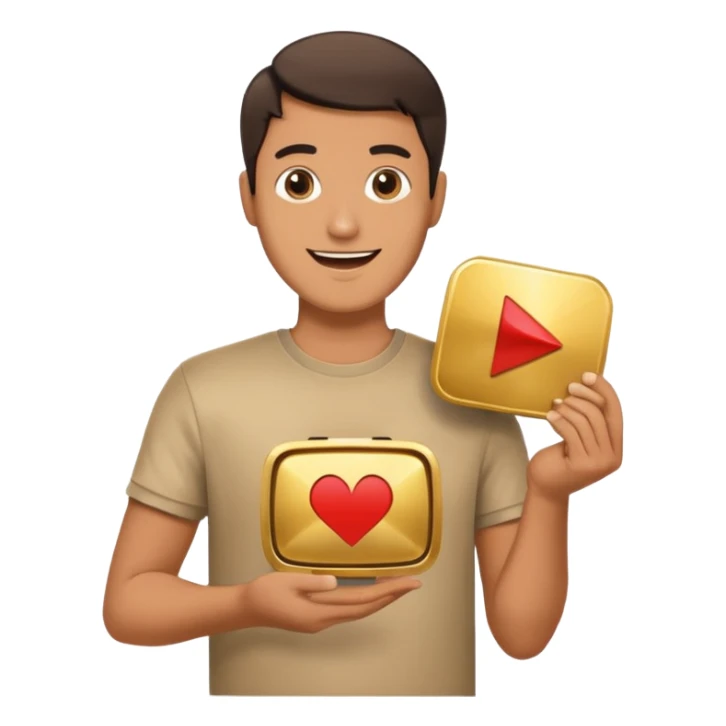 a happy man holding youtube golden play button sticker
