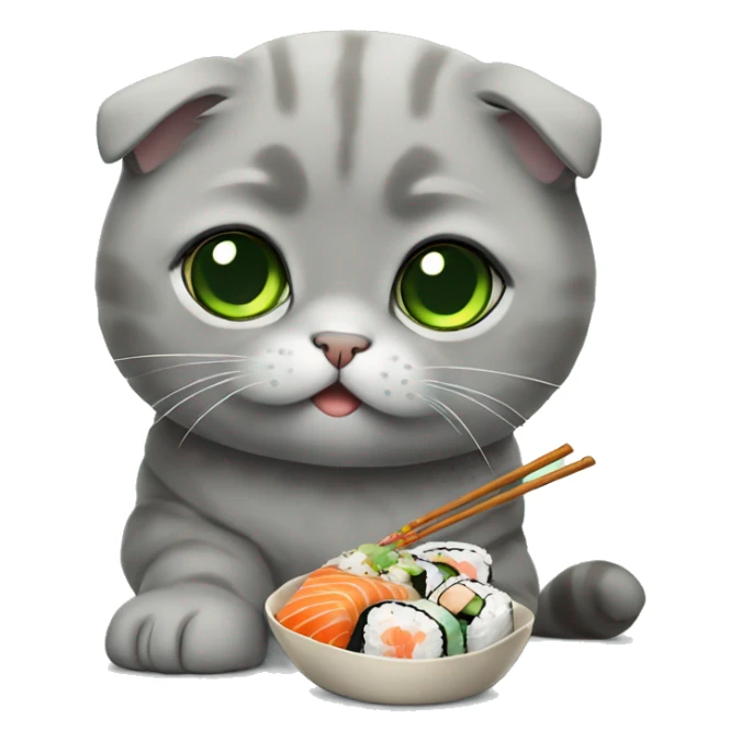 gray scottish fold with green eyes eating sushi sticker