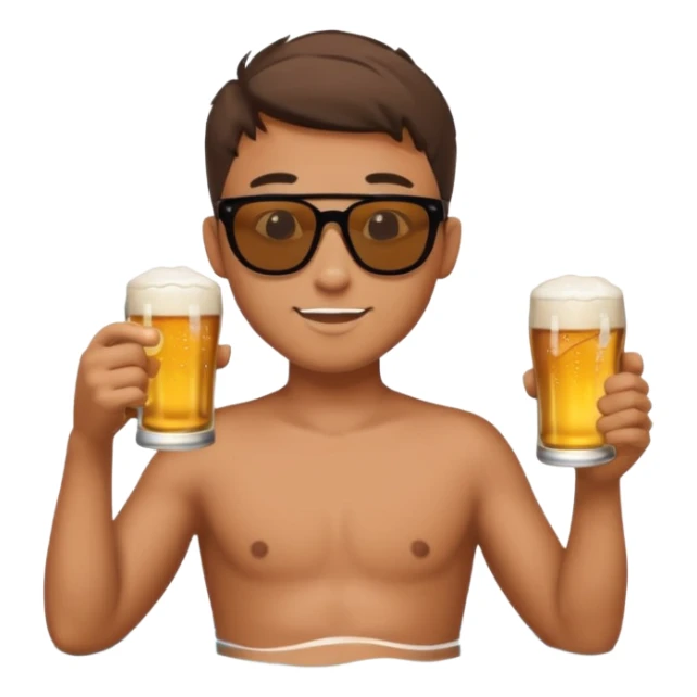 a young dude river tubing wearing sunglasses and swim trunks, drinking a beer sticker