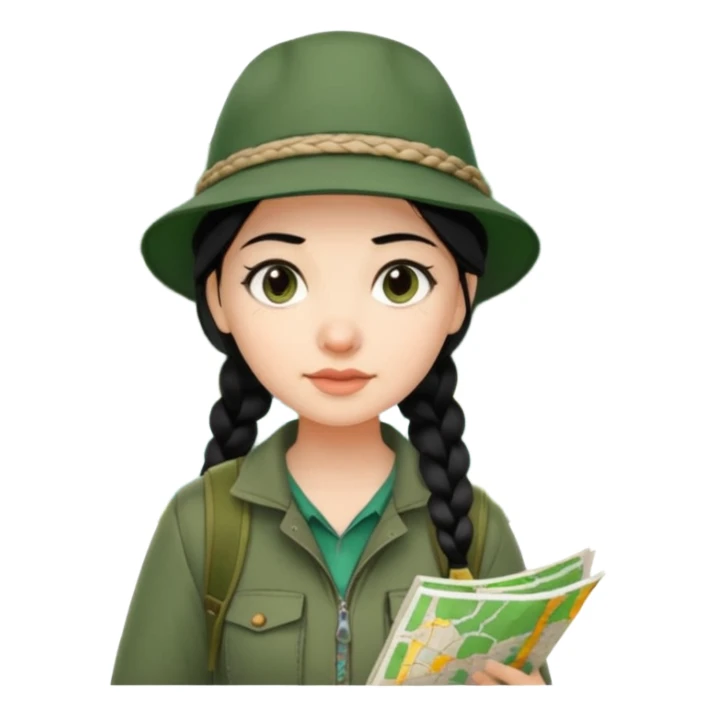 A braid black hair backpacking woman checking her map with curious eyes while walking in the woods with camping hat full body sticker