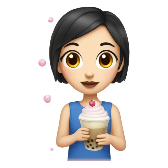 girl with short dark hair with bubble tea and cake sticker