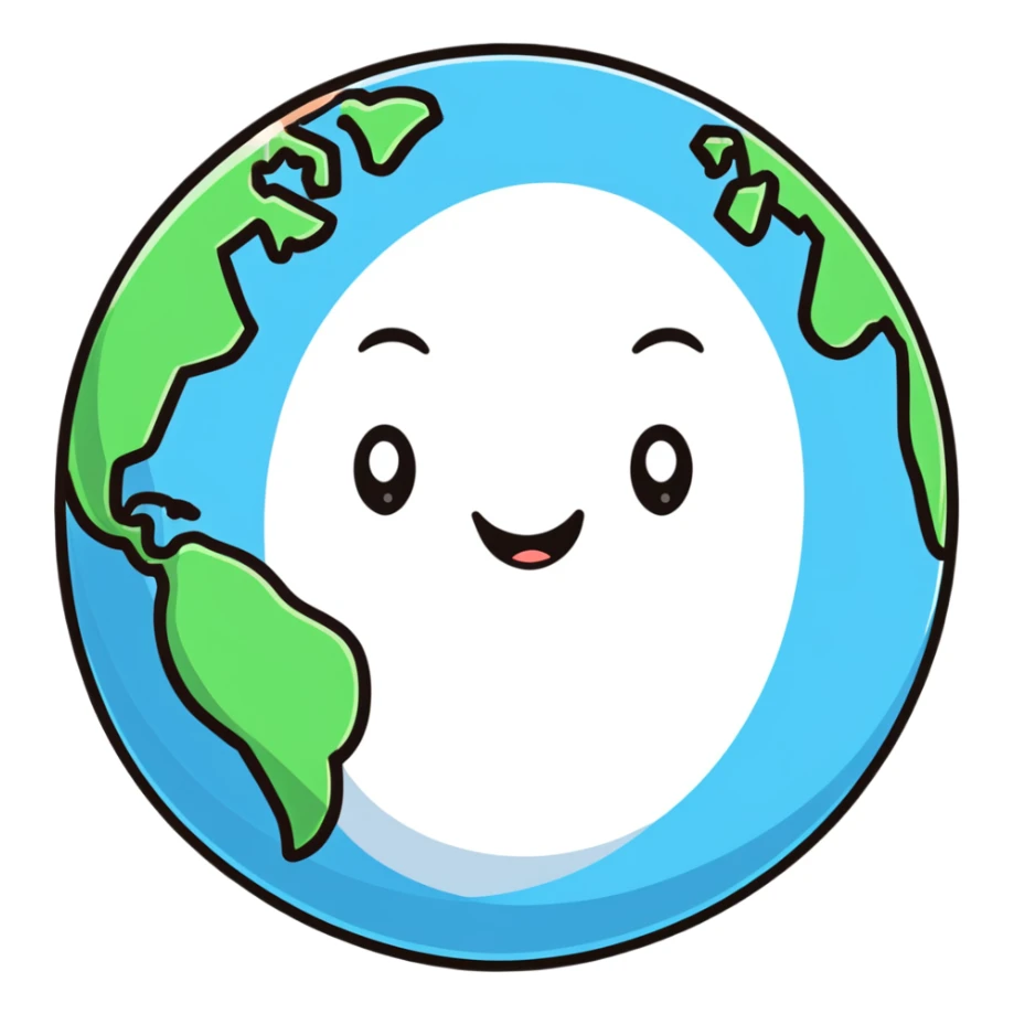 A colorful Earth globe with continents, oceans and a cute face sticker