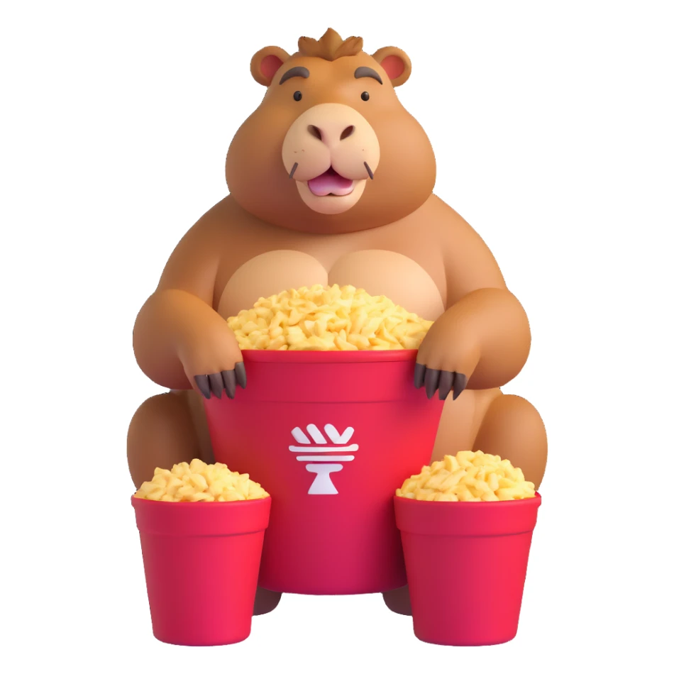 Muscular capybara with bulging muscles sitting in a KFC bucket sticker