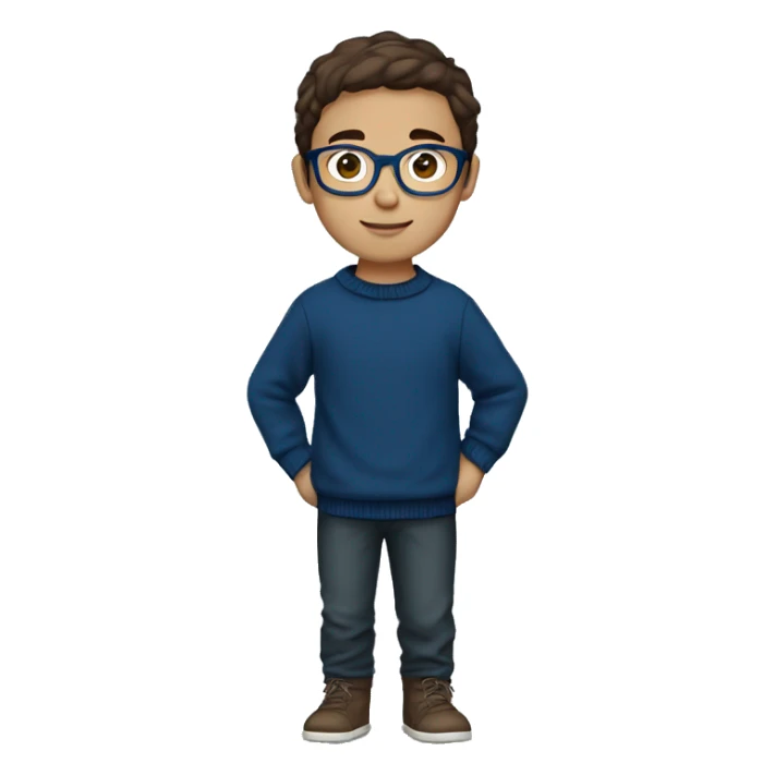 winter, christmas, young boy, short  brown hair, brown eyes, hispanic, dark blue sweater, full body, blue glasses sticker