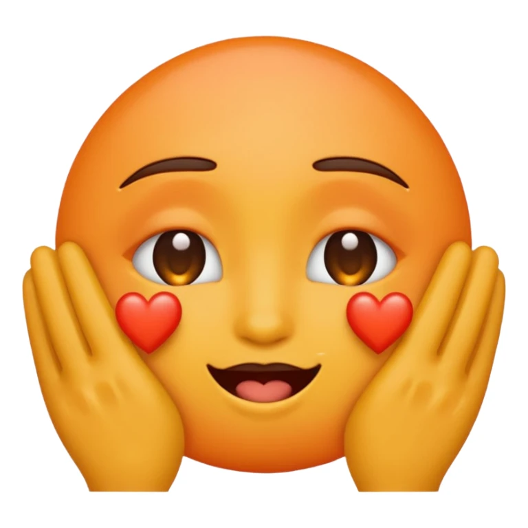 Blushing emoji covering its eyes with its hands. Orange hearts surrounding it  sticker