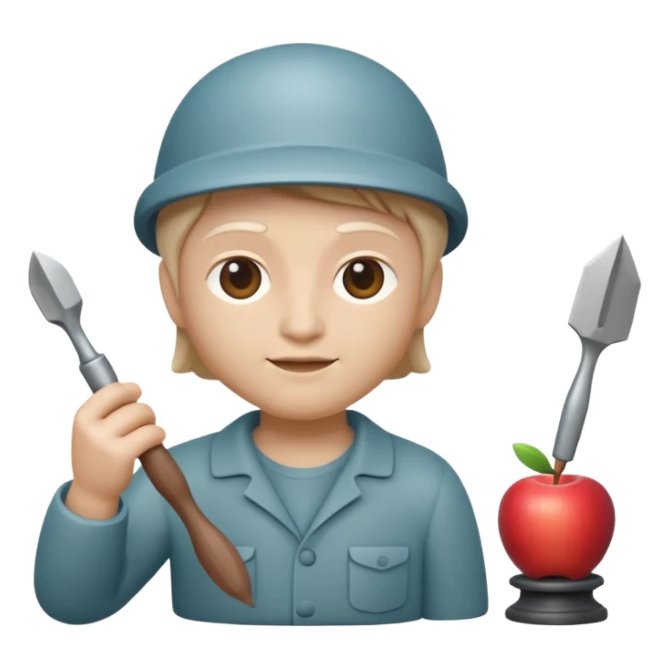 Apple Memoji-style 3D emoji of a sculptor with a small statue and chisel, smooth gradients, rounded edges, no background.
 sticker