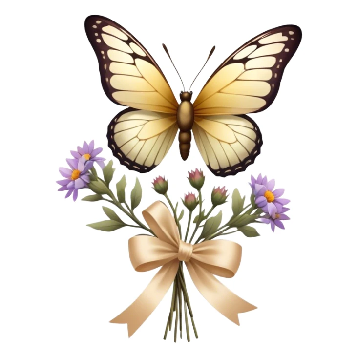 A delicate glass-winged butterfly hovering above a bundle of dried flowers tied with a soft satin bow.
 sticker
