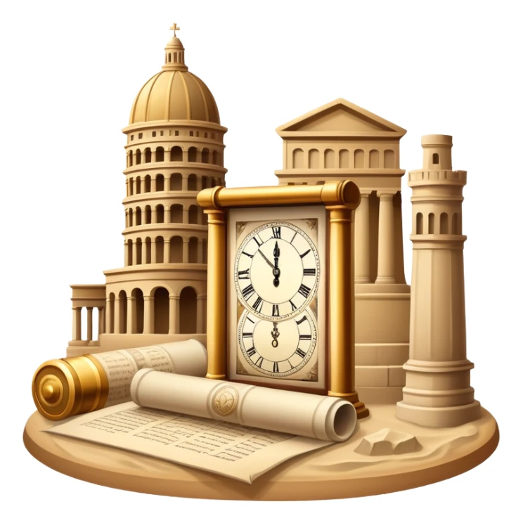 icon featuring ancient scrolls, quill pen with famous historical landmarks and monuments in the background like colliseum. Large, antique sand clocks with sand pouring out represent the passage of time. Historical figures are depicted as statues. Transparent background. sticker