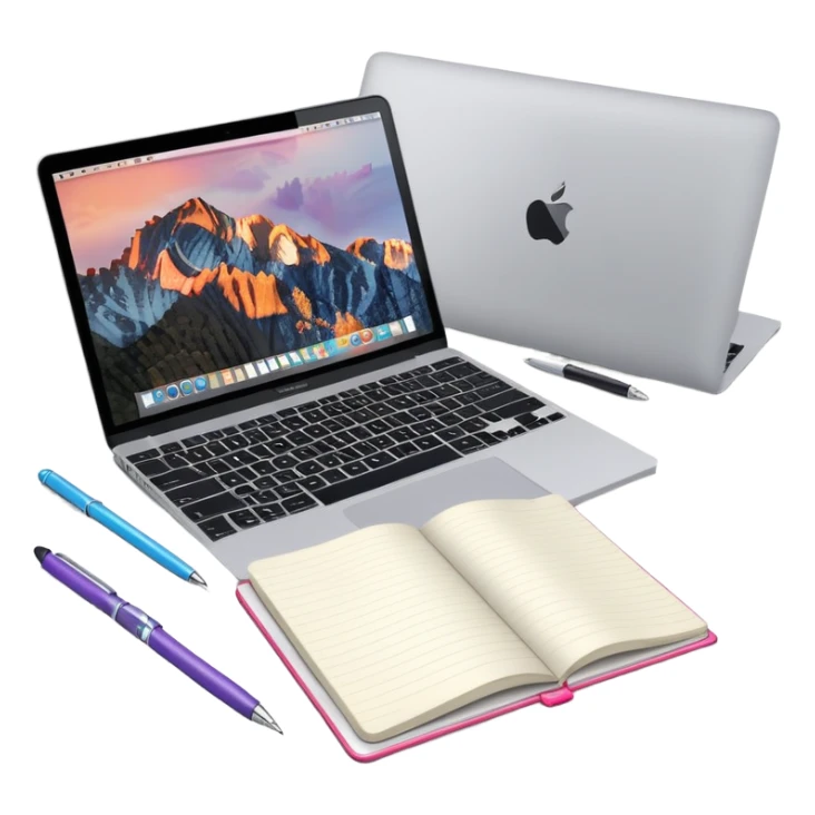 top view of a MacBook and a notebook with a pen nearby, notebook with visible notes sticker
