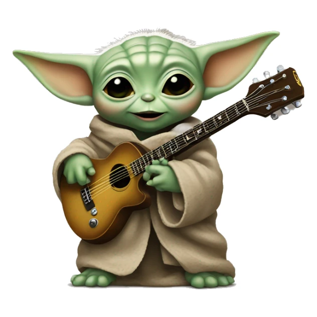 Baby Yoda holds a rock guitar sticker