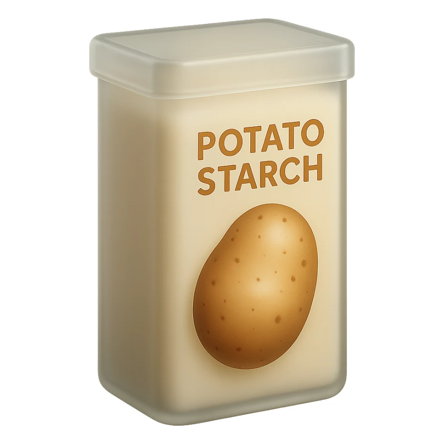 Make the potato starch box match the form and proportions of the reference image: a tall, rectangular box with a flat top and rounded edges, similar to the cornstarch box shown. Keep the box beige or pale yellow, with a potato illustration and the label 'POTATO STARCH' in warm-colored letters. Minimal, clean, 3D, soft lighting, transparent background, emoji scale. sticker