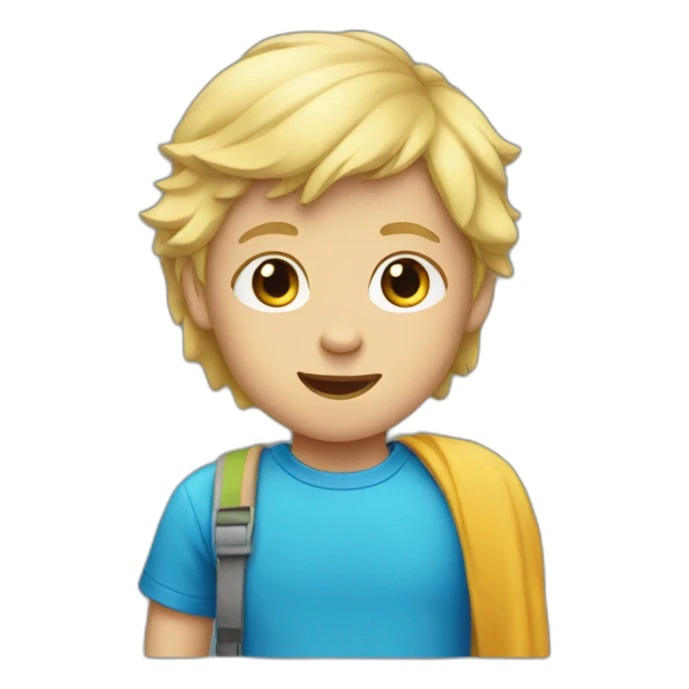 A child with blond hair and a blue T-shirt sticker