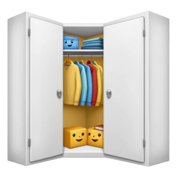 Simple L-shaped corner closet made of smooth white PVC, emoji-style. Two plain doors, one on each side, opening outward like a book from the corner.  sticker