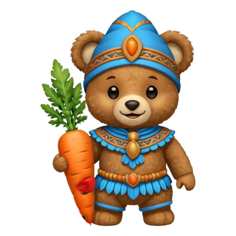 teddy bear, wearing blue mayan ancient custome, with carrot half body sticker
