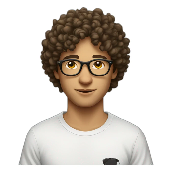 A white young man with glasses wears a logo t-shirt, indoors with a neutral expression. curly hair sticker