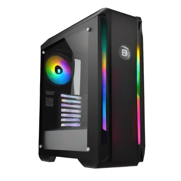 Black gaming PC RGB mid-tower case with glass side panel sticker