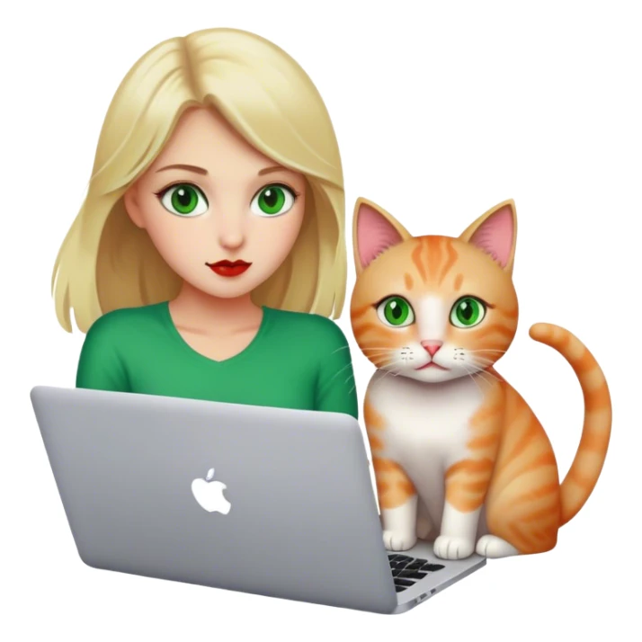 Blonde girl green eyes with apple MacBook and a cat sticker