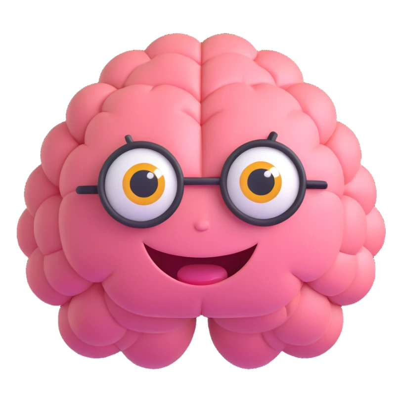 cartoon brain with big eyes and exaggerated smile, shiny 3D style sticker