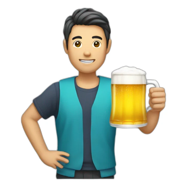 A Japanese man holding beer wearing sticker