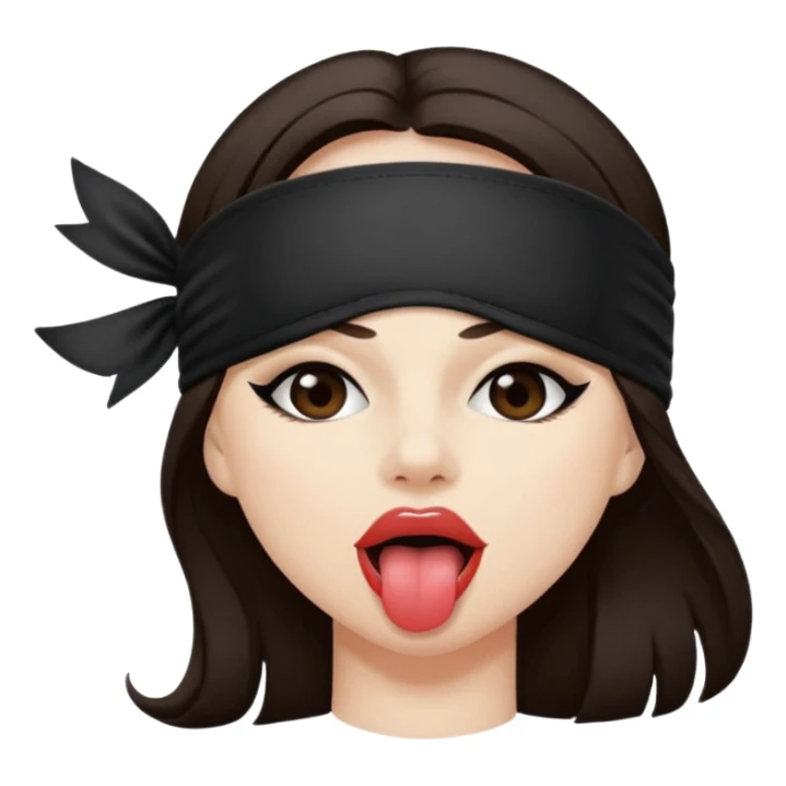 woman with dark brown hair wearing black blind fold completely covering her eyes. tongue out sticker
