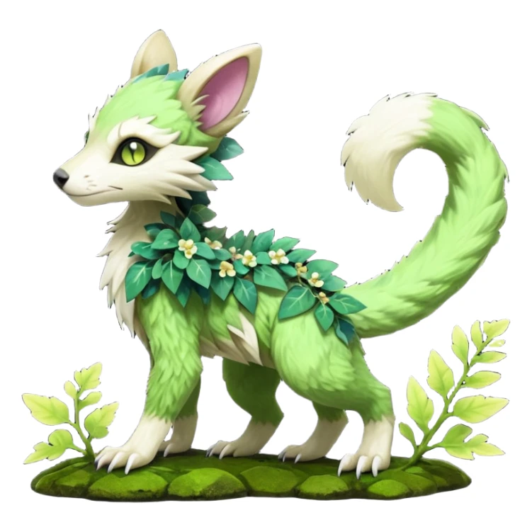 Realistic Sharp swampy realistic mossy grassy elemental ivy floral detailed Colorful translucent luminescent glowing Trico-Sergal-Furret-Ferret-Wolverine-Vernid-furry-fursona-fusion-Fakemon-animal-hybrid-creature, full body sticker