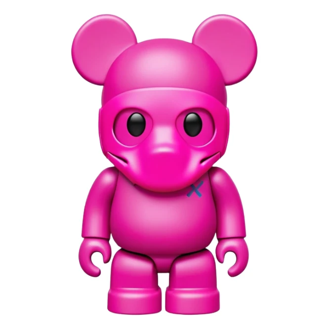 Bearbrick figure with KAWS-style X eyes, wearing a neon pink ski mask balaclava covering most of the face except for the X eyes sticker